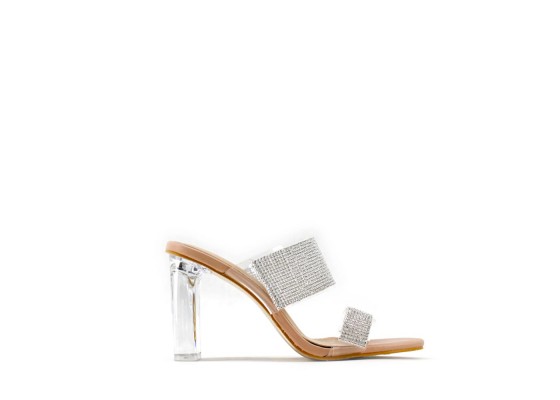 Sandalia Tacón Ancho Tansparente Brillo